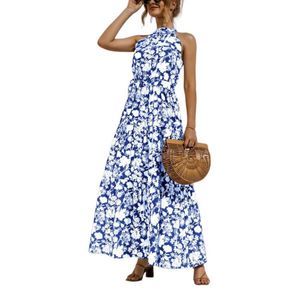 Amasoo Blue & White Floral Belted Halter Maxi Dress Size S